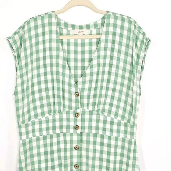 Loft Gingham Button Flare Dress Womens 16 Green White Cottage Country Western - Picture 8 of 13